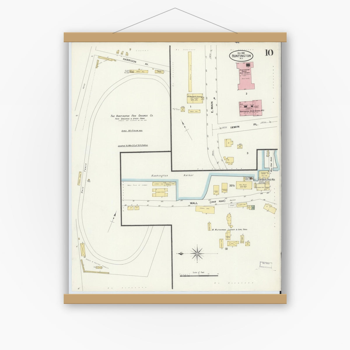 Old map wall art mockup — magnetic wood frame on white wall — Sanborn Fire Insurance Map from Huntington, Suffolk County, New York (1908), Sheet #0010