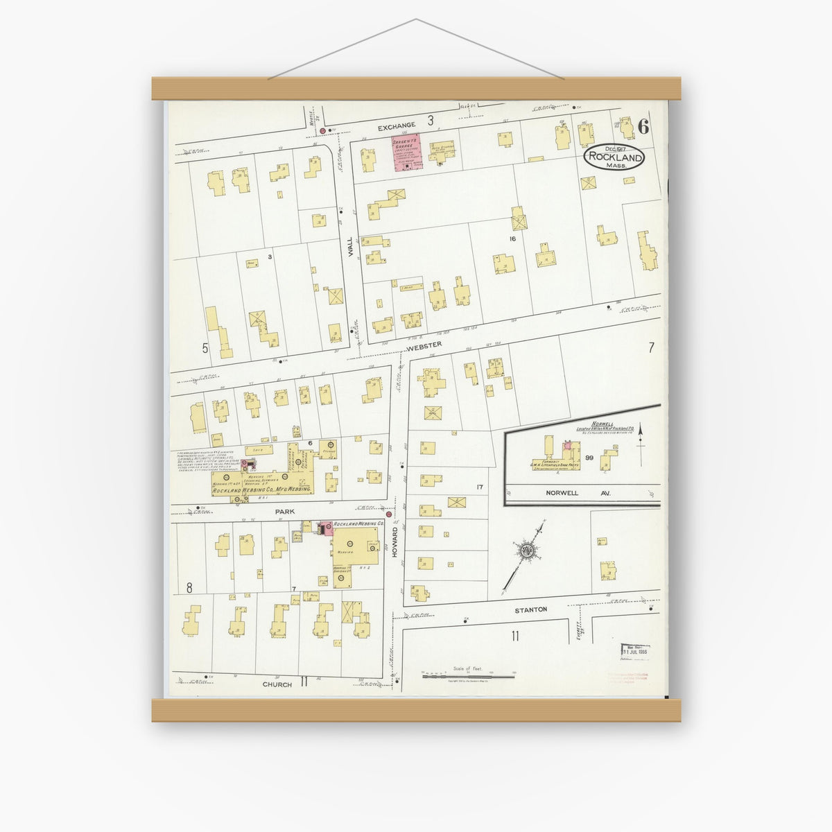 Old map wall art mockup — magnetic wood frame on white wall — Sanborn Fire Insurance Map from Rockland, Plymouth County, Massachusetts (1917), Sheet #0006