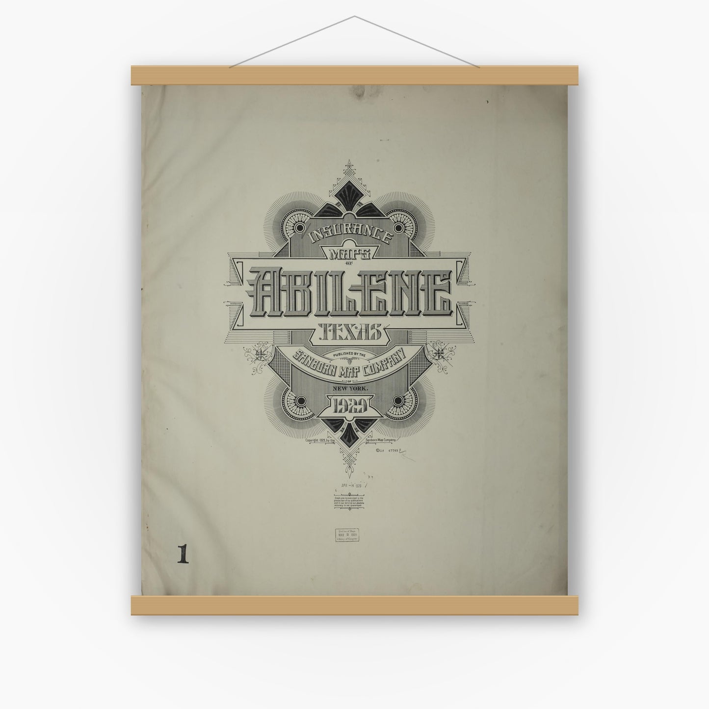 Old map wall art mockup — magnetic wood frame on white wall — Sanborn Fire Insurance Map from Abilene, Taylor County, Texas (1929), Sheet #0001
