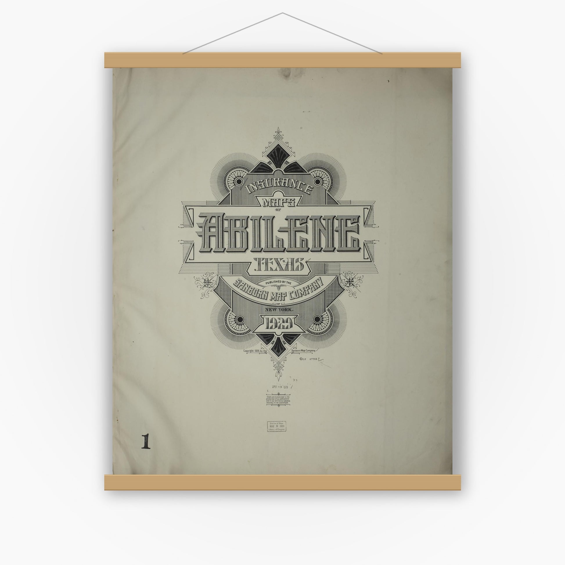 Old map wall art mockup — magnetic wood frame on white wall — Sanborn Fire Insurance Map from Abilene, Taylor County, Texas (1929), Sheet #0001