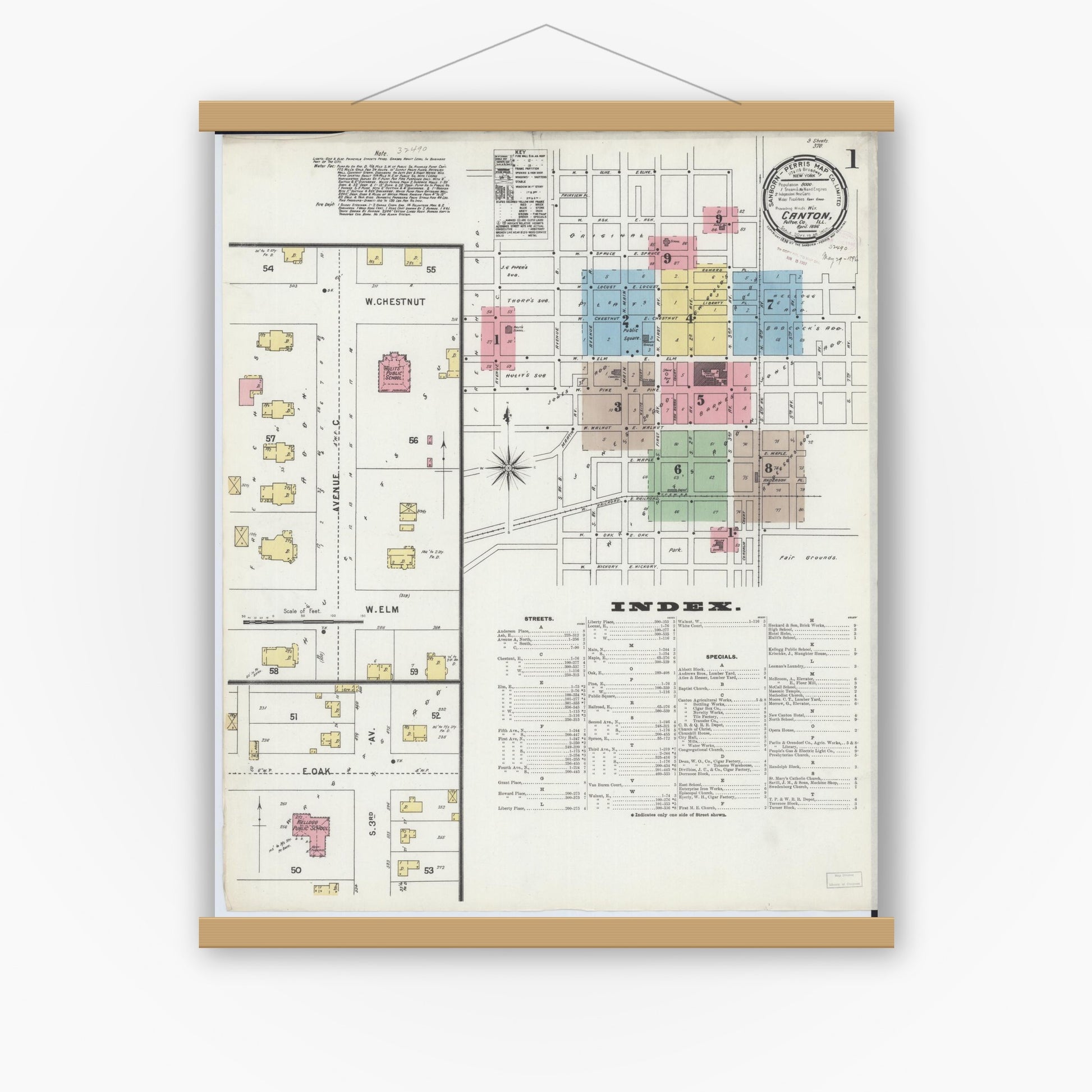 Old map wall art mockup — magnetic wood frame on white wall — Sanborn Fire Insurance Map from Canton, Fulton County, Illinois (1896) - Complete Map Set