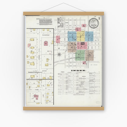 Old map wall art mockup — magnetic wood frame on white wall — Sanborn Fire Insurance Map from Canton, Fulton County, Illinois (1896) - Complete Map Set