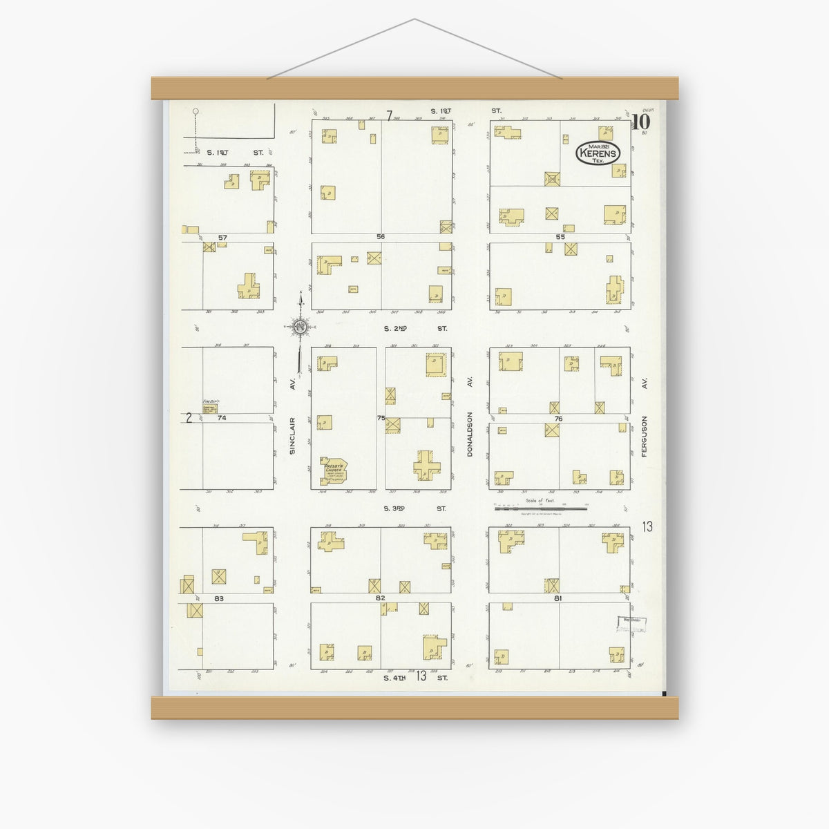 Old map wall art mockup — magnetic wood frame on white wall — Sanborn Fire Insurance Map from Kerens, Navarro County, Texas (1921), Sheet #0010