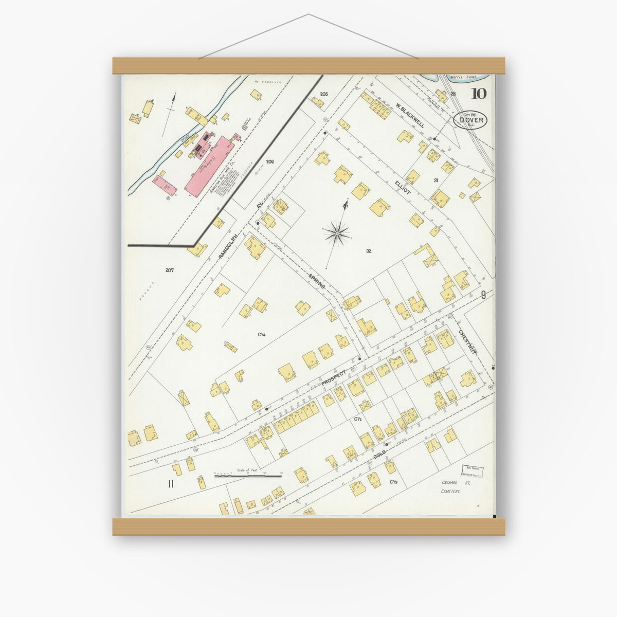 Old map wall art mockup — magnetic wood frame on white wall — Sanborn Fire Insurance Map from Dover, Morris County, New Jersey (1900), Sheet #0010