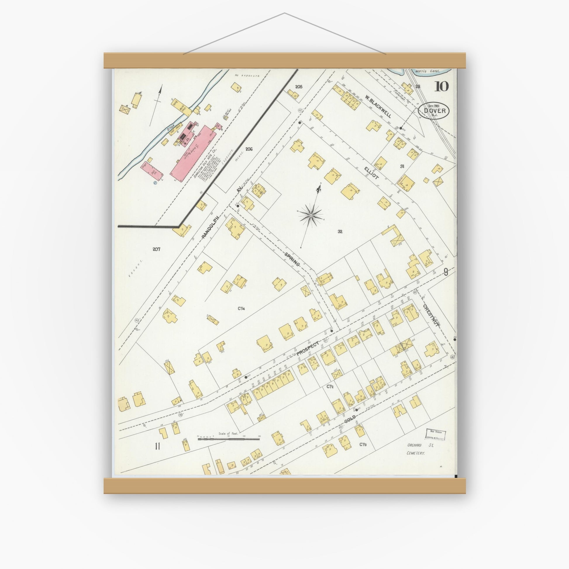 Old map wall art mockup — magnetic wood frame on white wall — Sanborn Fire Insurance Map from Dover, Morris County, New Jersey (1900), Sheet #0010