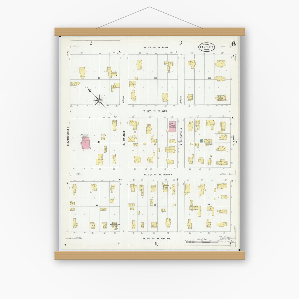 Old map wall art mockup — magnetic wood frame on white wall — Sanborn Fire Insurance Map from Lake City, Wabasha County, Minnesota (1909), Sheet #0006