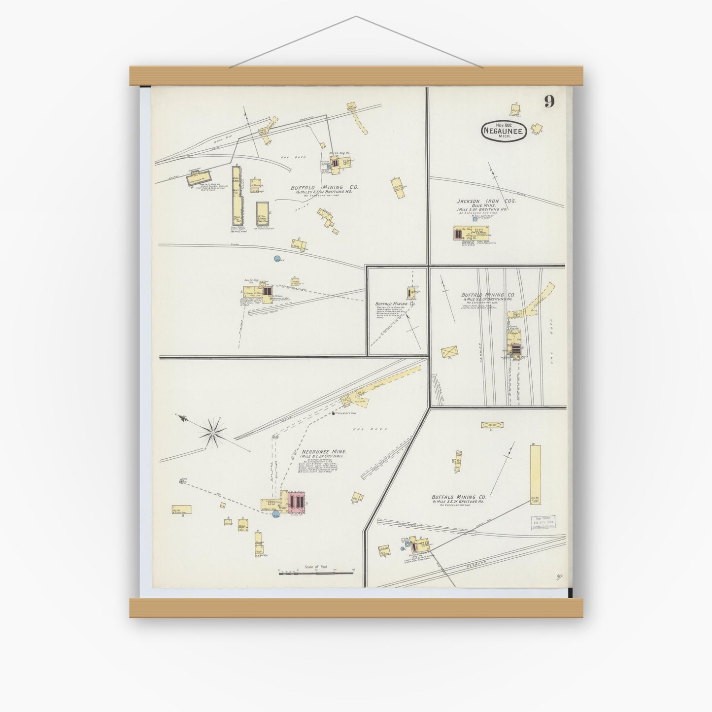 Old map wall art mockup — magnetic wood frame on white wall — Sanborn Fire Insurance Map from Negaunee, Marquette County, Michigan (1892), Sheet #0009