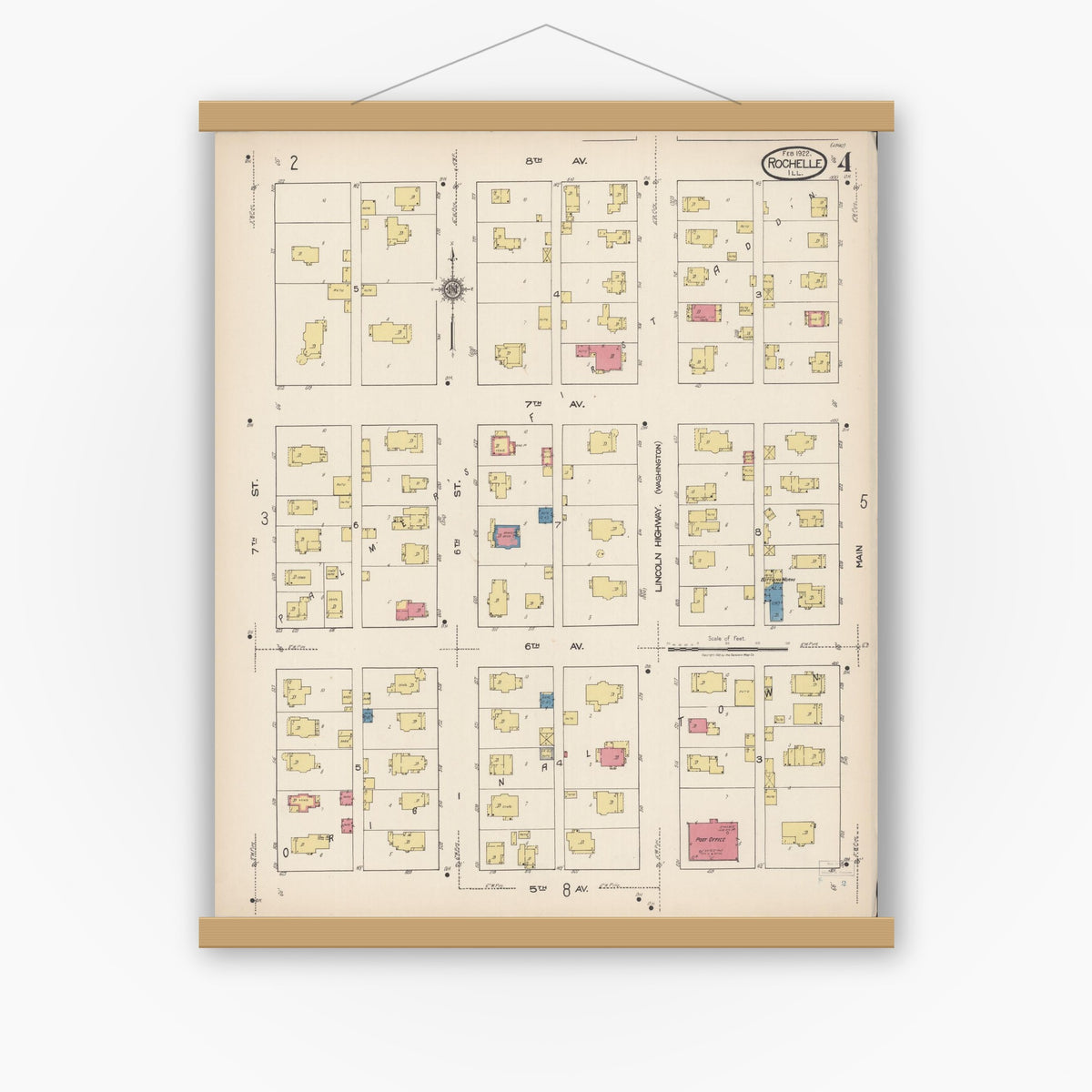 Old map wall art mockup — magnetic wood frame on white wall — Sanborn Fire Insurance Map from Rochelle, Ogle County, Illinois (1922), Sheet #0004