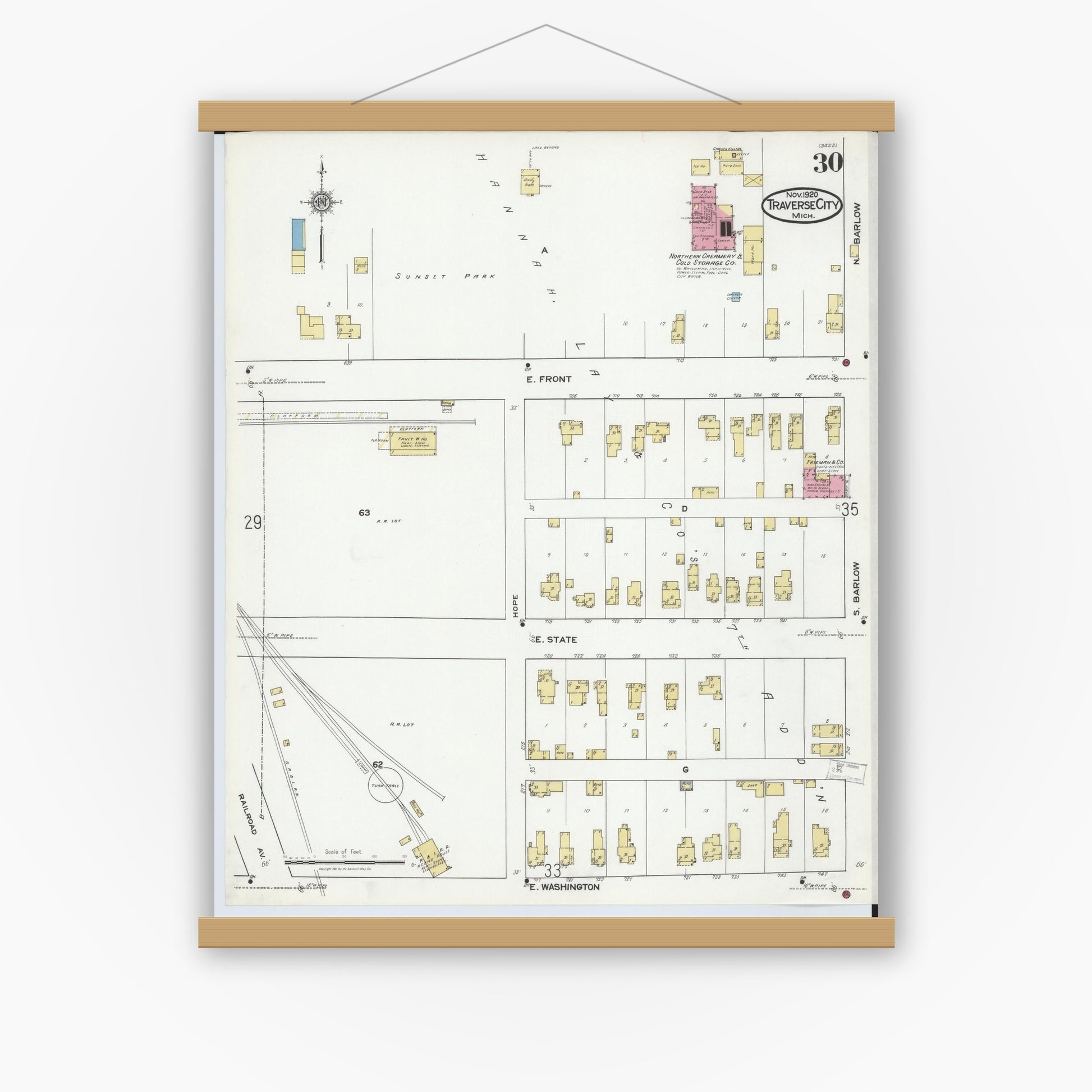 Old map wall art mockup — magnetic wood frame on white wall — Sanborn Fire Insurance Map from Traverse City, Grand Traverse County, Michigan (1920), Sheet #0030