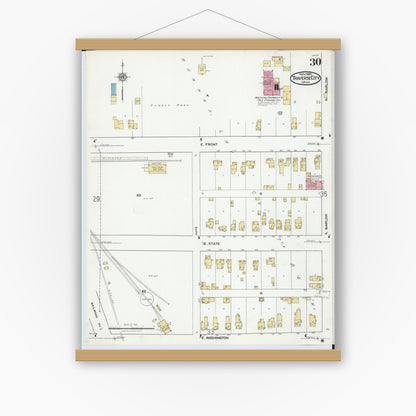 Old map wall art mockup — magnetic wood frame on white wall — Sanborn Fire Insurance Map from Traverse City, Grand Traverse County, Michigan (1920), Sheet #0030