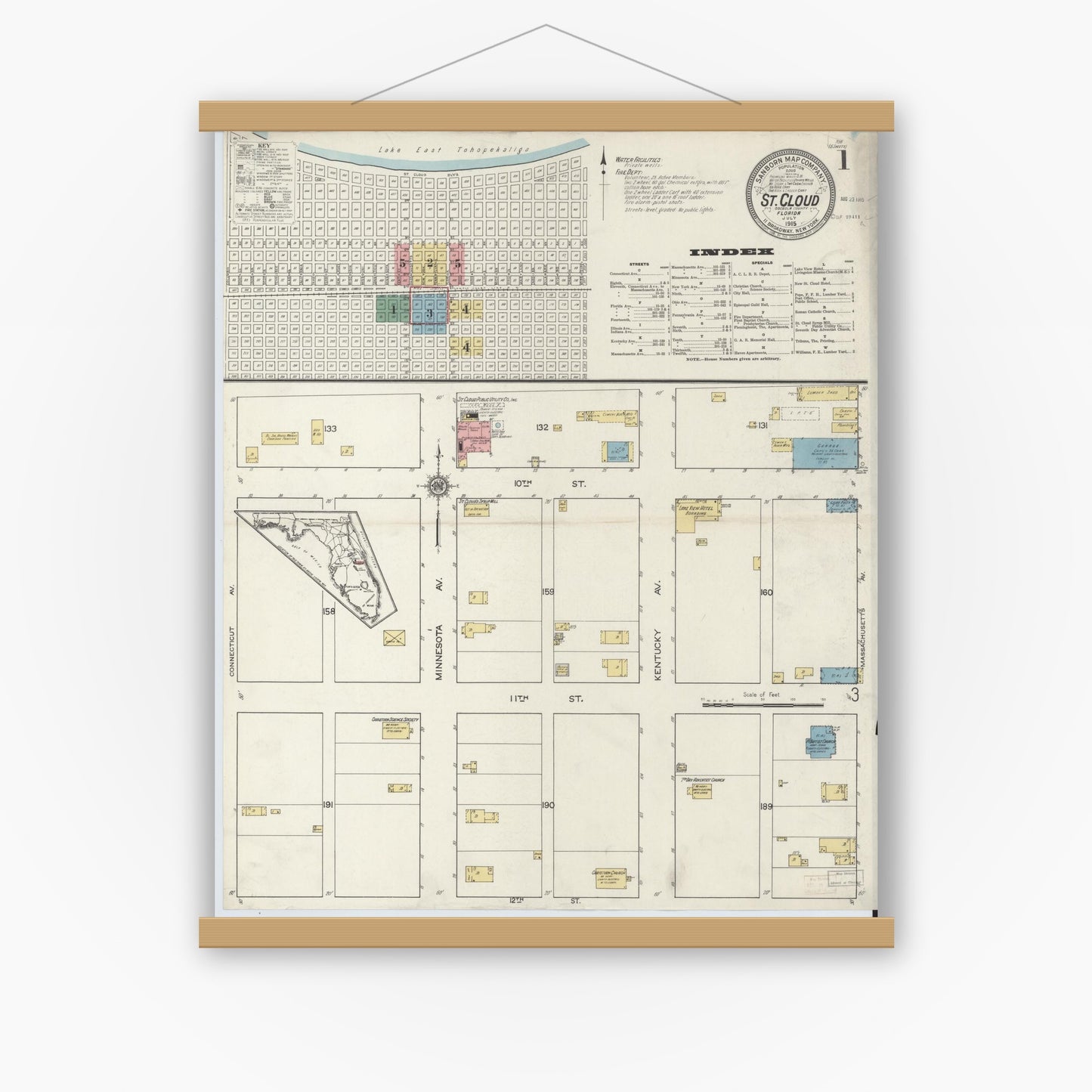 Old map wall art mockup — magnetic wood frame on white wall — Sanborn Fire Insurance Map from Saint Cloud, Osceola County, Florida (1915), Sheet #0001