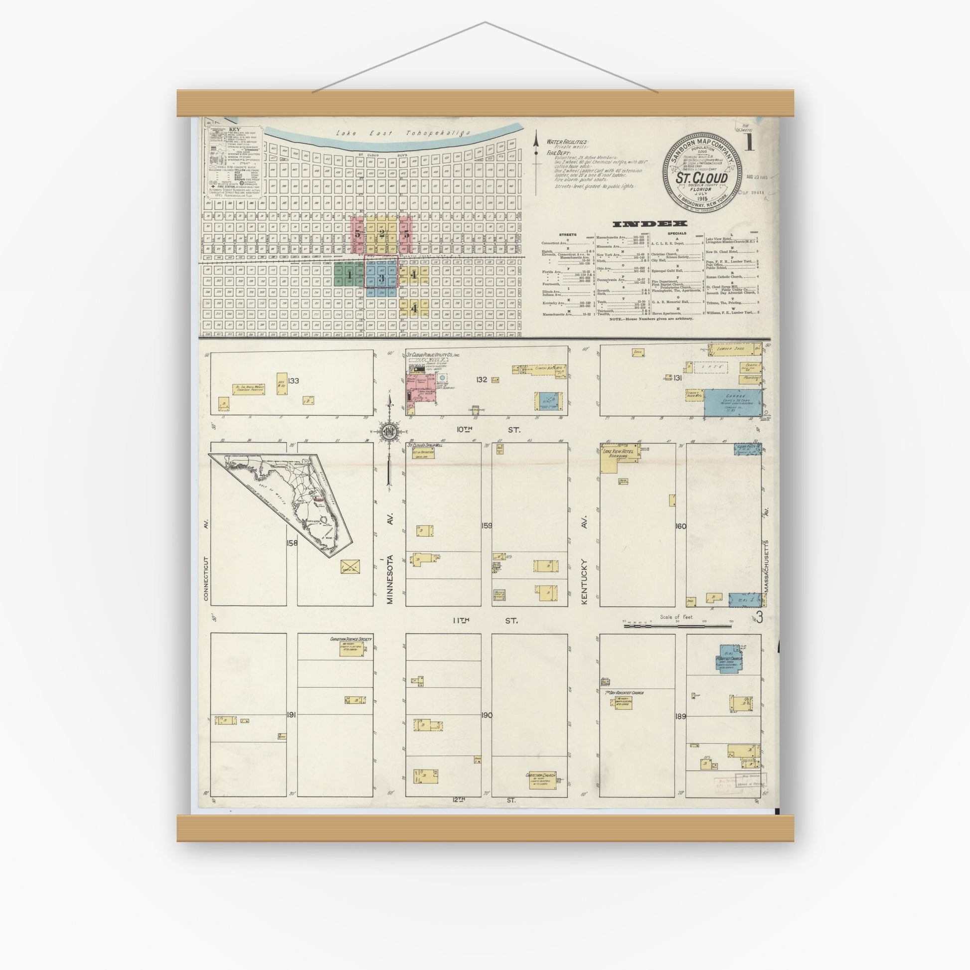 Old map wall art mockup — magnetic wood frame on white wall — Sanborn Fire Insurance Map from Saint Cloud, Osceola County, Florida (1915), Sheet #0001