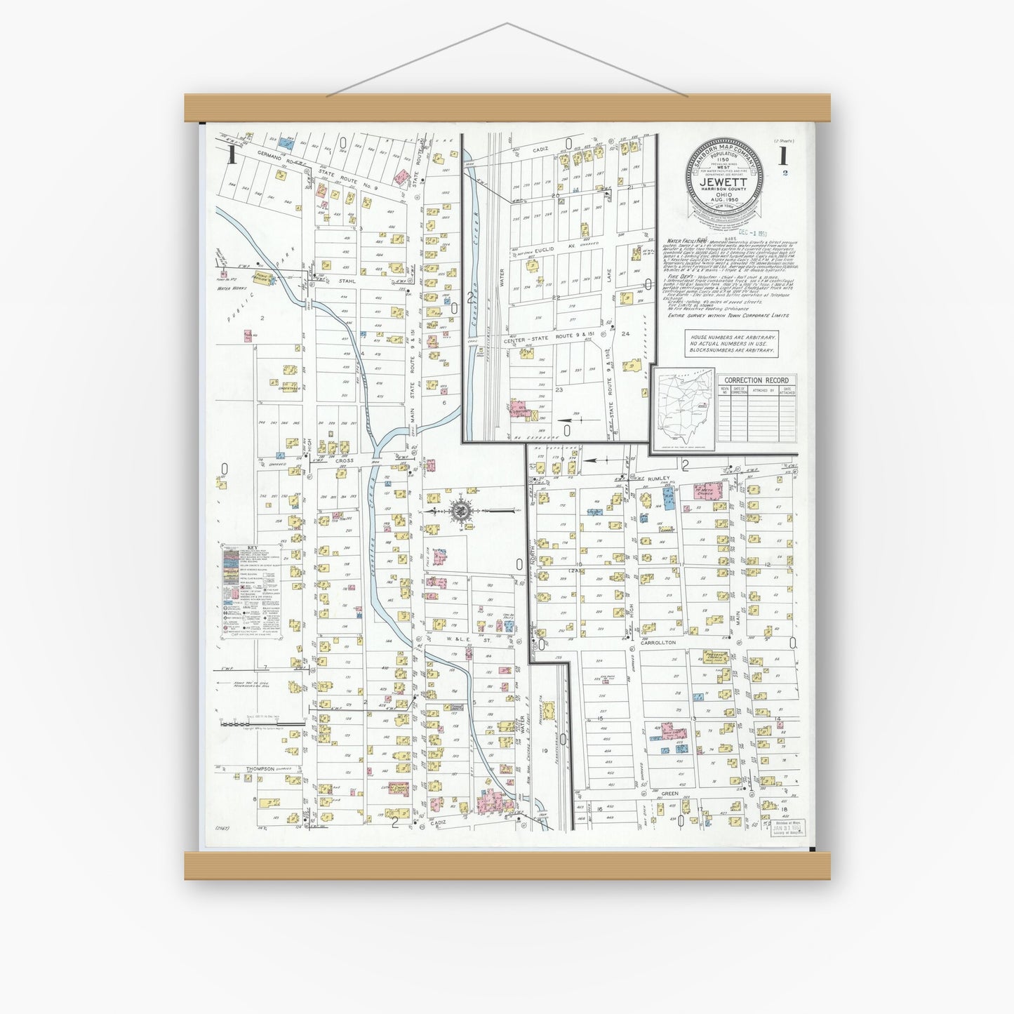 Old map wall art mockup — magnetic wood frame on white wall — Sanborn Fire Insurance Map from Jewett, Harrison County, Ohio (1950), Sheet #0001