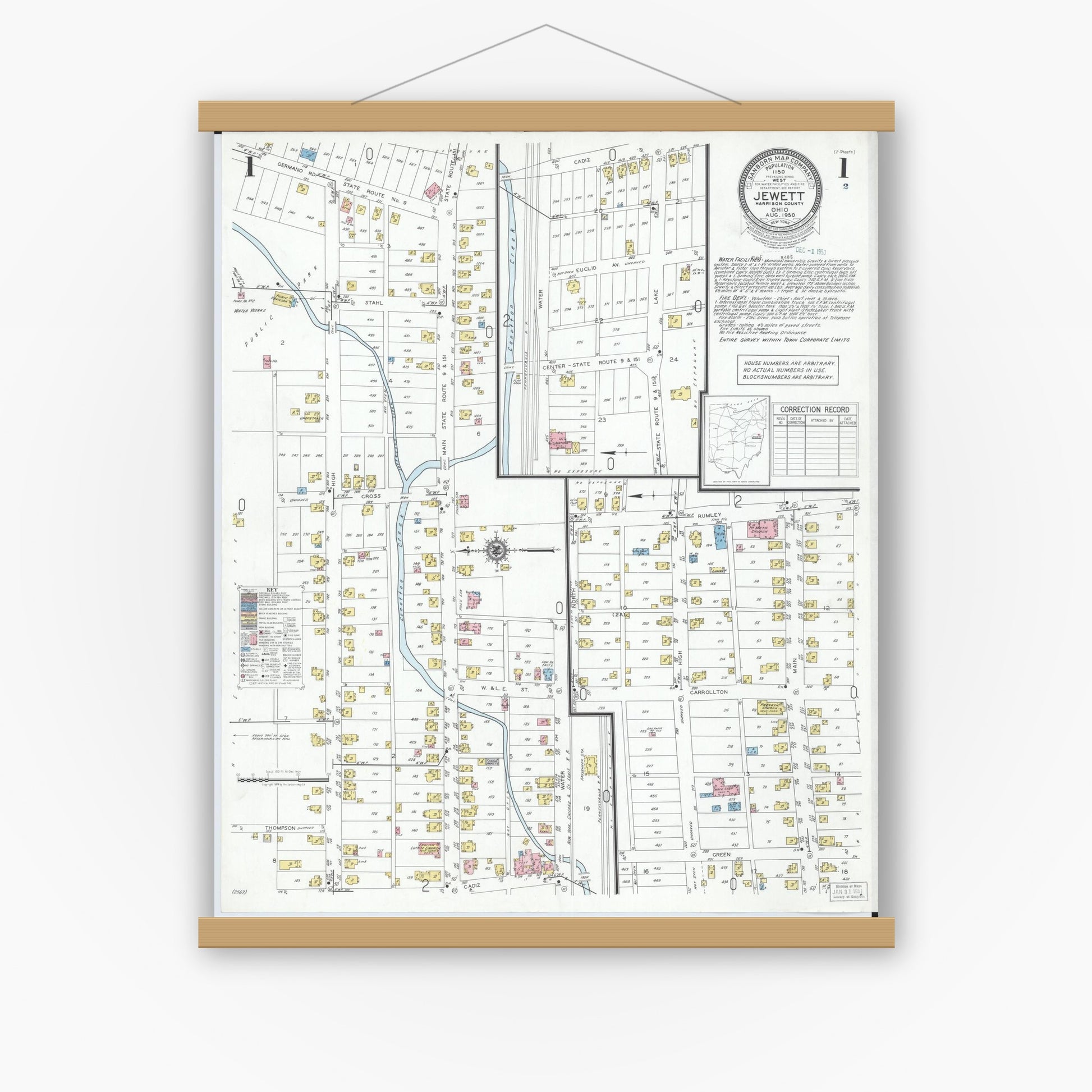 Old map wall art mockup — magnetic wood frame on white wall — Sanborn Fire Insurance Map from Jewett, Harrison County, Ohio (1950), Sheet #0001