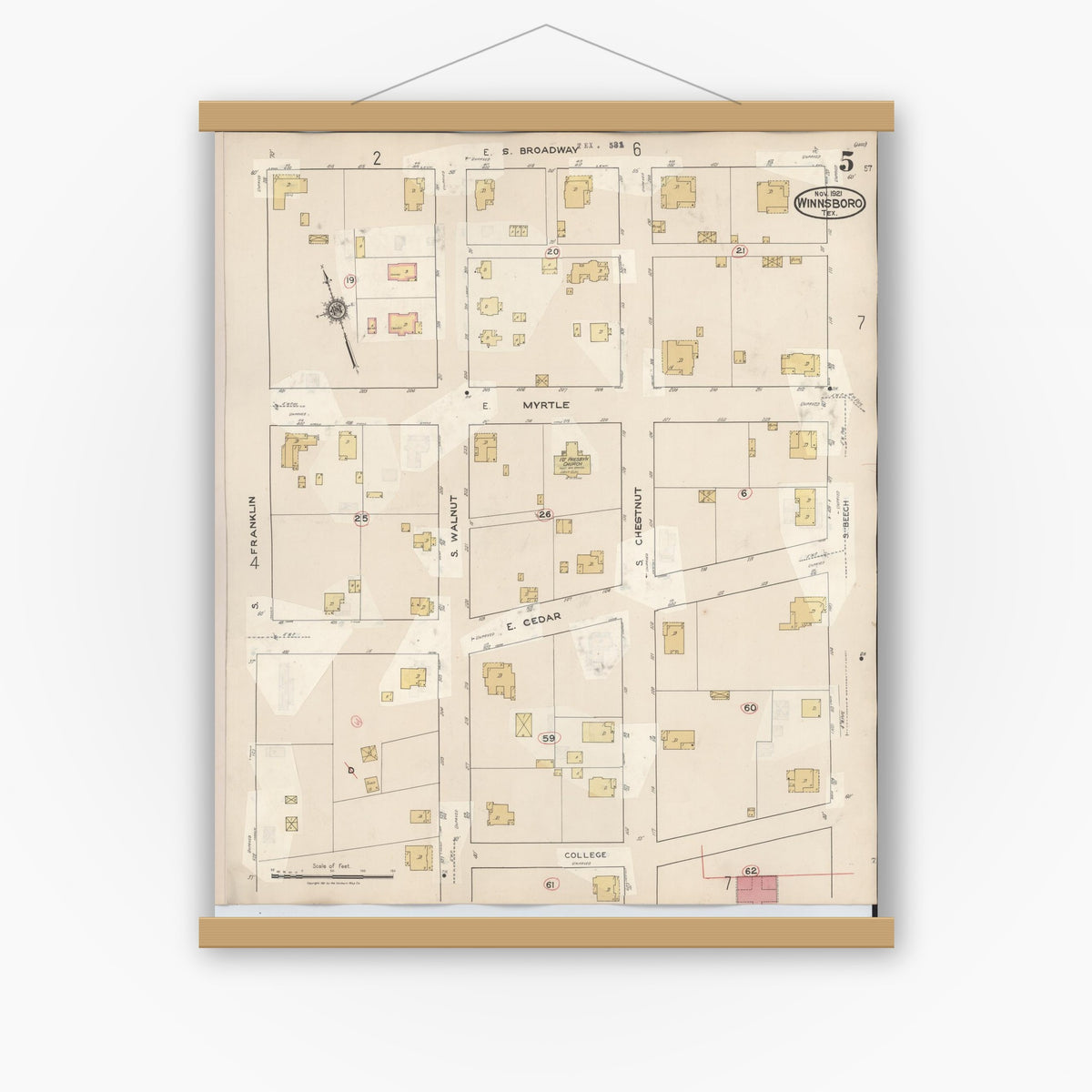 Old map wall art mockup — magnetic wood frame on white wall — Sanborn Fire Insurance Map from Winnsboro, Wood County, Texas (1943), Sheet #0005