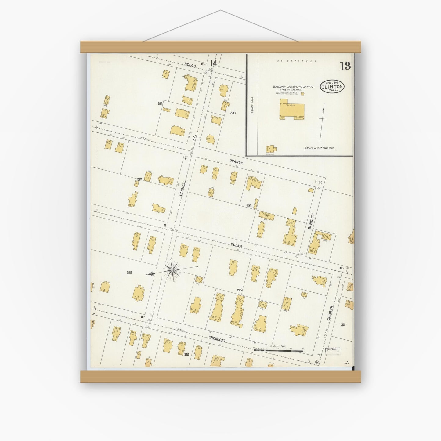 Old map wall art mockup — magnetic wood frame on white wall — Sanborn Fire Insurance Map from Clinton, Worcester County, Massachusetts (1904), Sheet #0013