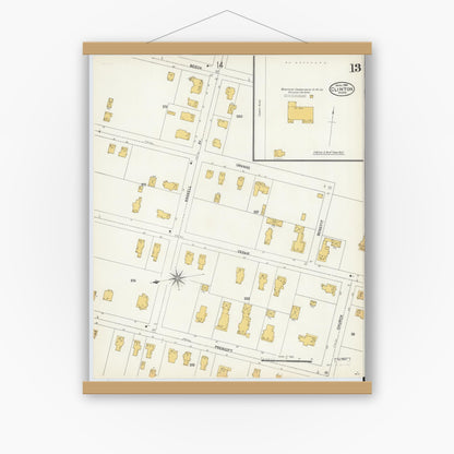 Old map wall art mockup — magnetic wood frame on white wall — Sanborn Fire Insurance Map from Clinton, Worcester County, Massachusetts (1904), Sheet #0013