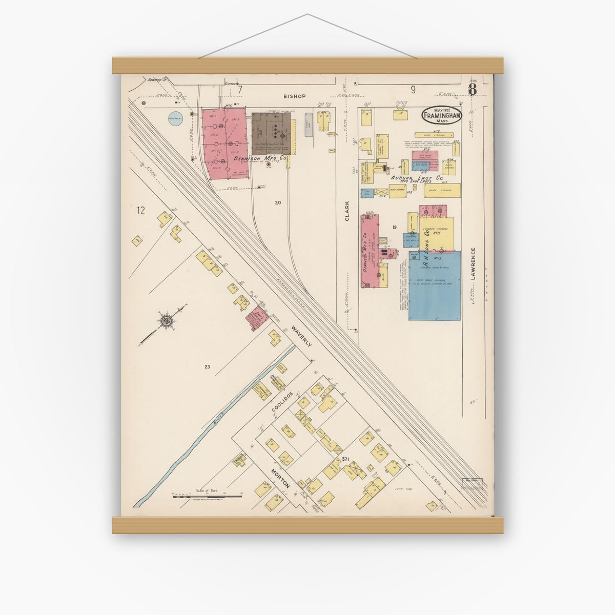 Old map wall art mockup — magnetic wood frame on white wall — Sanborn Fire Insurance Map from Framingham, Middlesex County, Massachusetts (1922), Sheet #0008