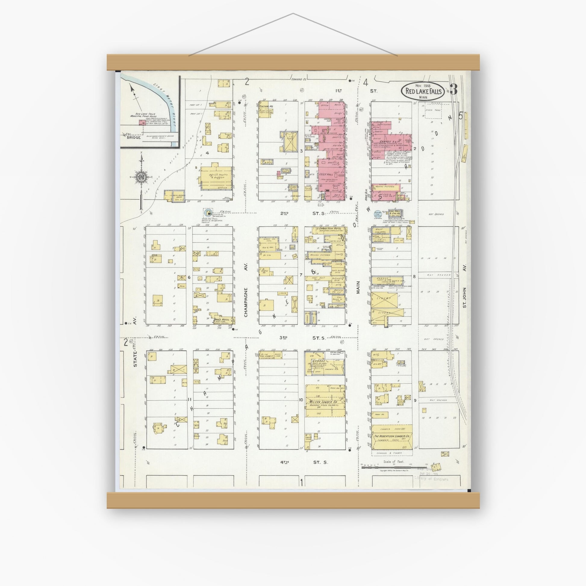 Old map wall art mockup — magnetic wood frame on white wall — Sanborn Fire Insurance Map from Red Lake Falls, Red Lake County, Minnesota (1918), Sheet #0003