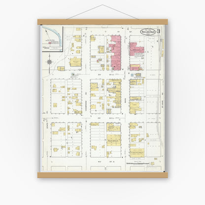 Old map wall art mockup — magnetic wood frame on white wall — Sanborn Fire Insurance Map from Red Lake Falls, Red Lake County, Minnesota (1918), Sheet #0003