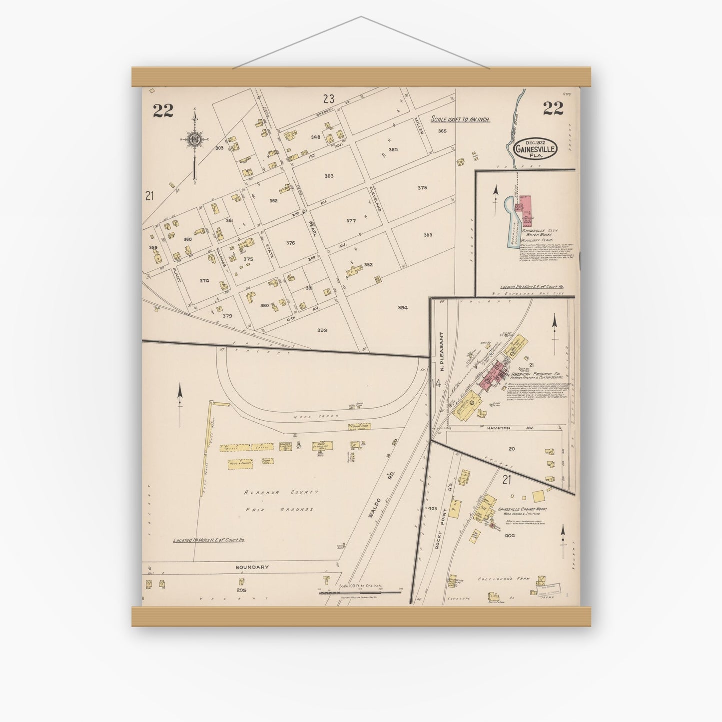 Old map wall art mockup — magnetic wood frame on white wall — Sanborn Fire Insurance Map from Gainesville, Alachua County, Florida (1922), Sheet #0022