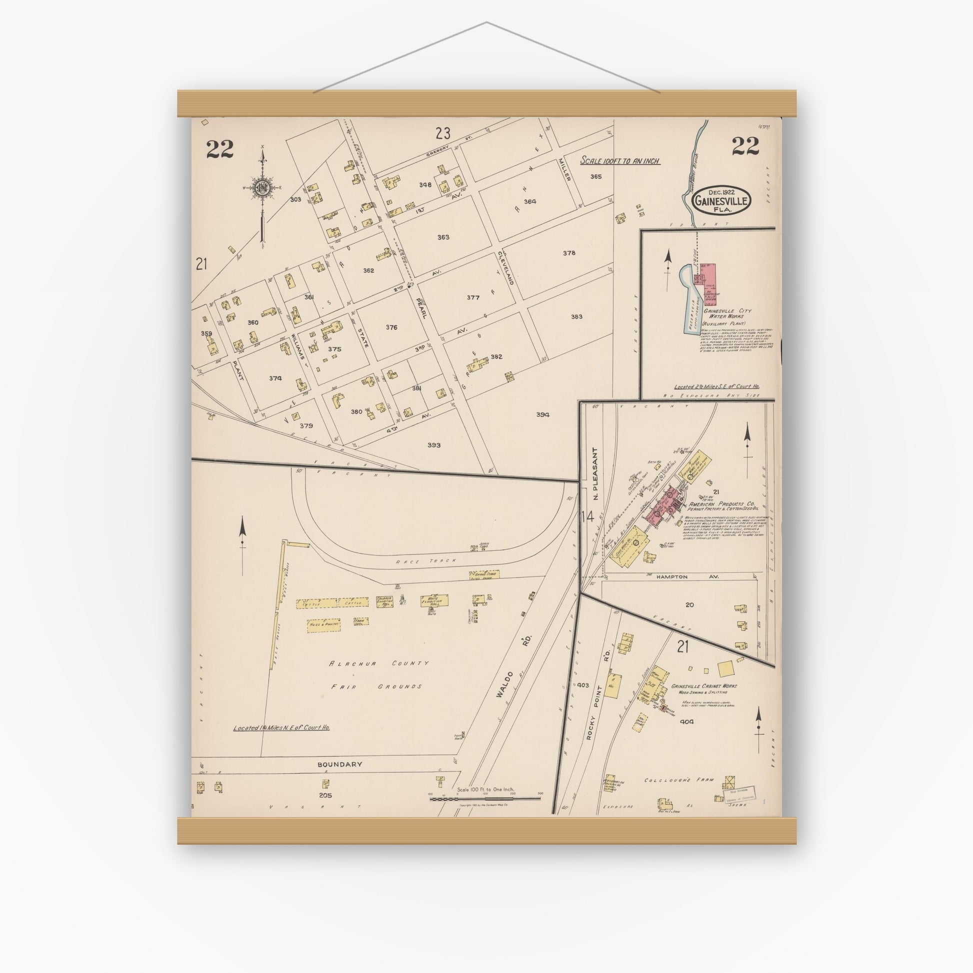 Old map wall art mockup — magnetic wood frame on white wall — Sanborn Fire Insurance Map from Gainesville, Alachua County, Florida (1922), Sheet #0022