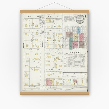 Old map wall art mockup — magnetic wood frame on white wall — Sanborn Fire Insurance Map from Litchfield, Montgomery County, Illinois (1892), Sheet #0001