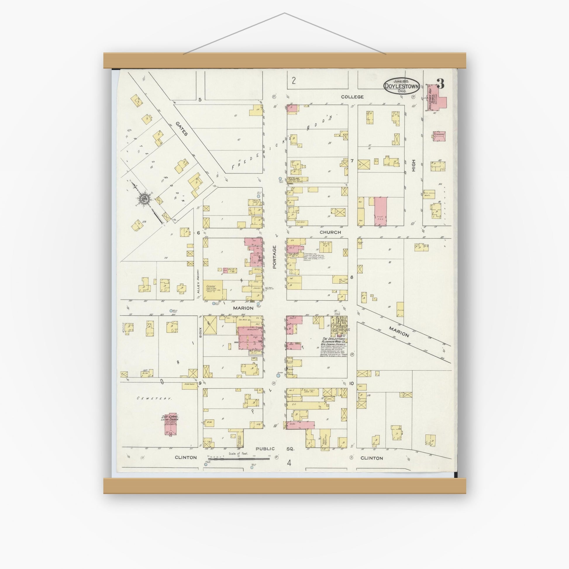 Old map wall art mockup — magnetic wood frame on white wall — Sanborn Fire Insurance Map from Doylestown, Wayne County, Ohio (1915), Sheet #0003