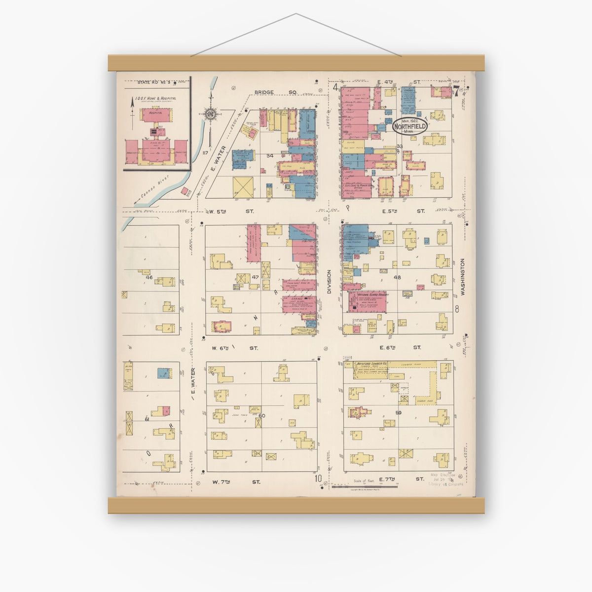 Old map wall art mockup — magnetic wood frame on white wall — Sanborn Fire Insurance Map from Northfield, Rice County, Minnesota (1922), Sheet #0007