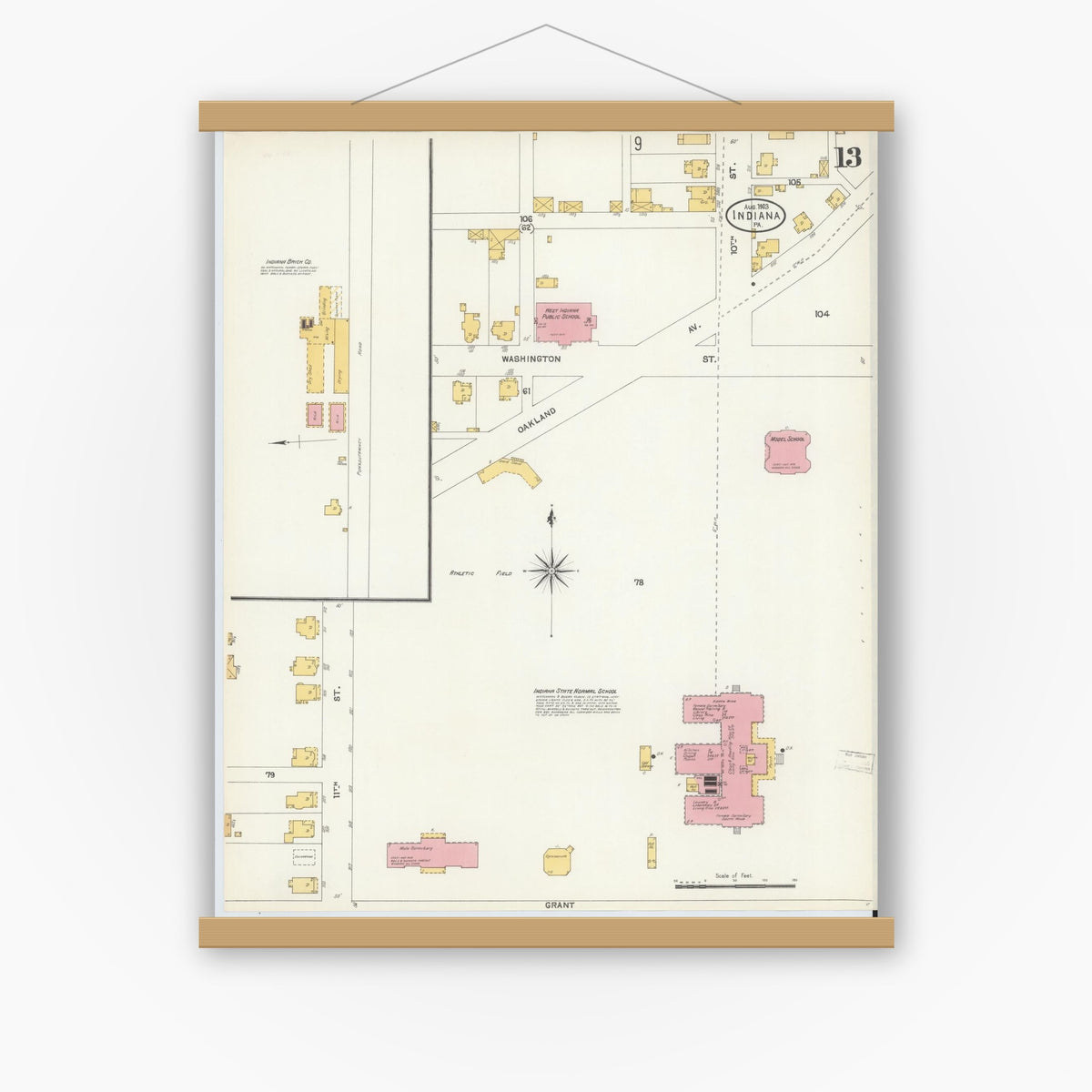 Old map wall art mockup — magnetic wood frame on white wall — Sanborn Fire Insurance Map from Indiana, Indiana County, Pennsylvania (1903), Sheet #0013