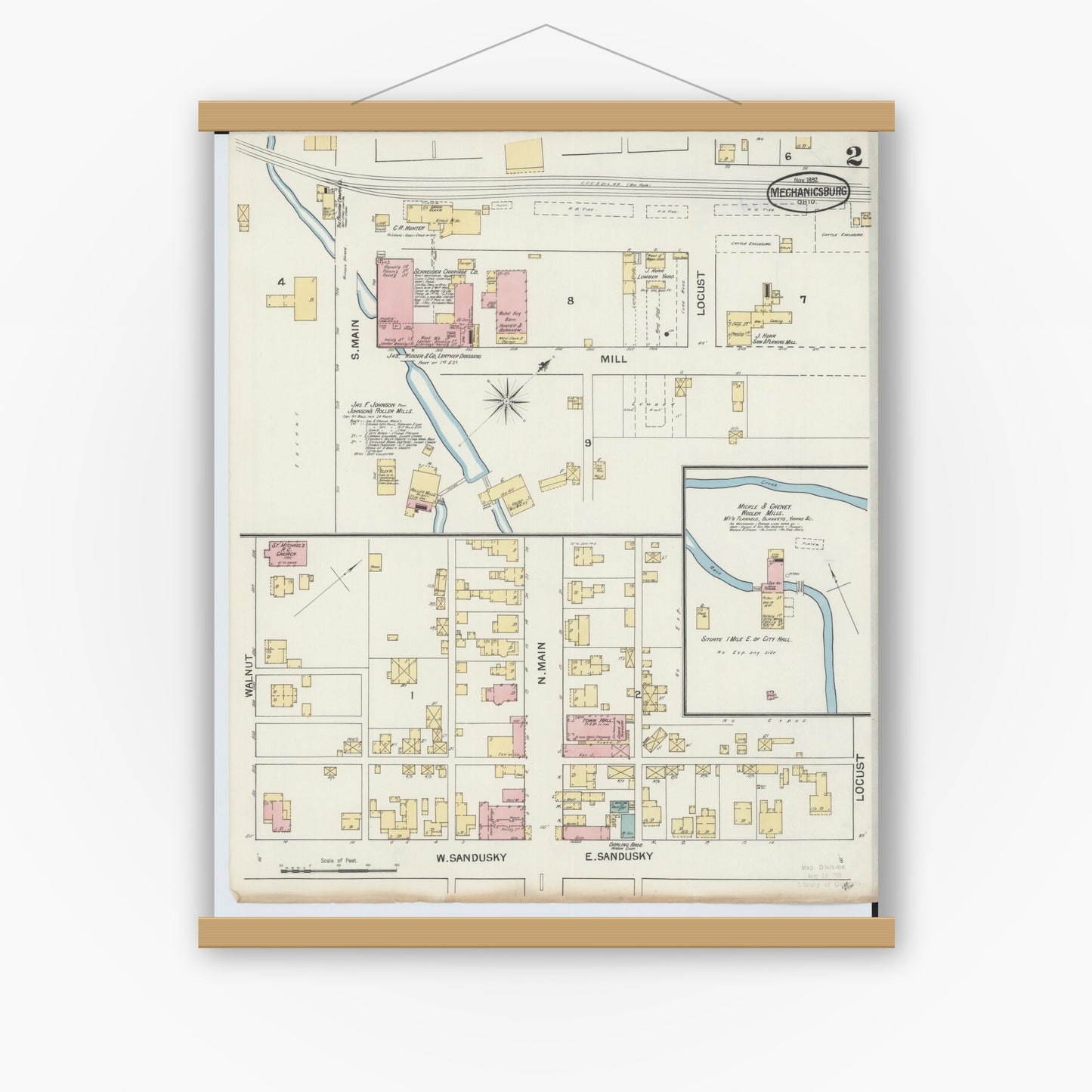 Old map wall art mockup — magnetic wood frame on white wall — Sanborn Fire Insurance Map from Mechanicsburg, Champaign County, Ohio (1892), Sheet #0002