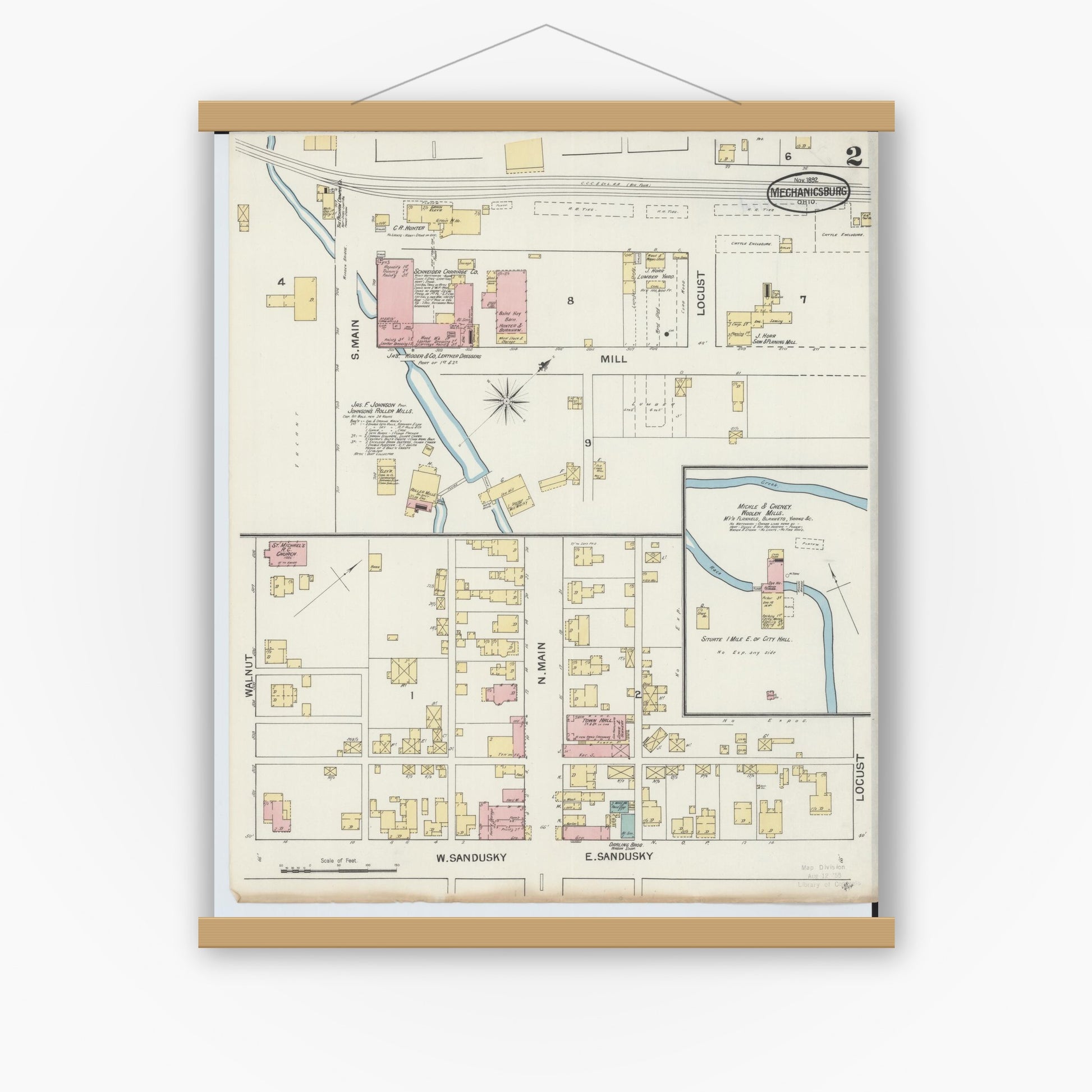 Old map wall art mockup — magnetic wood frame on white wall — Sanborn Fire Insurance Map from Mechanicsburg, Champaign County, Ohio (1892), Sheet #0002