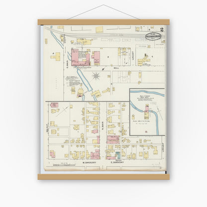 Old map wall art mockup — magnetic wood frame on white wall — Sanborn Fire Insurance Map from Mechanicsburg, Champaign County, Ohio (1892), Sheet #0002