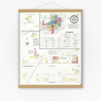 Old map wall art mockup — magnetic wood frame on white wall — Sanborn Fire Insurance Map from Red Oak, Montgomery County, Iowa (1908) â€” Complete Set