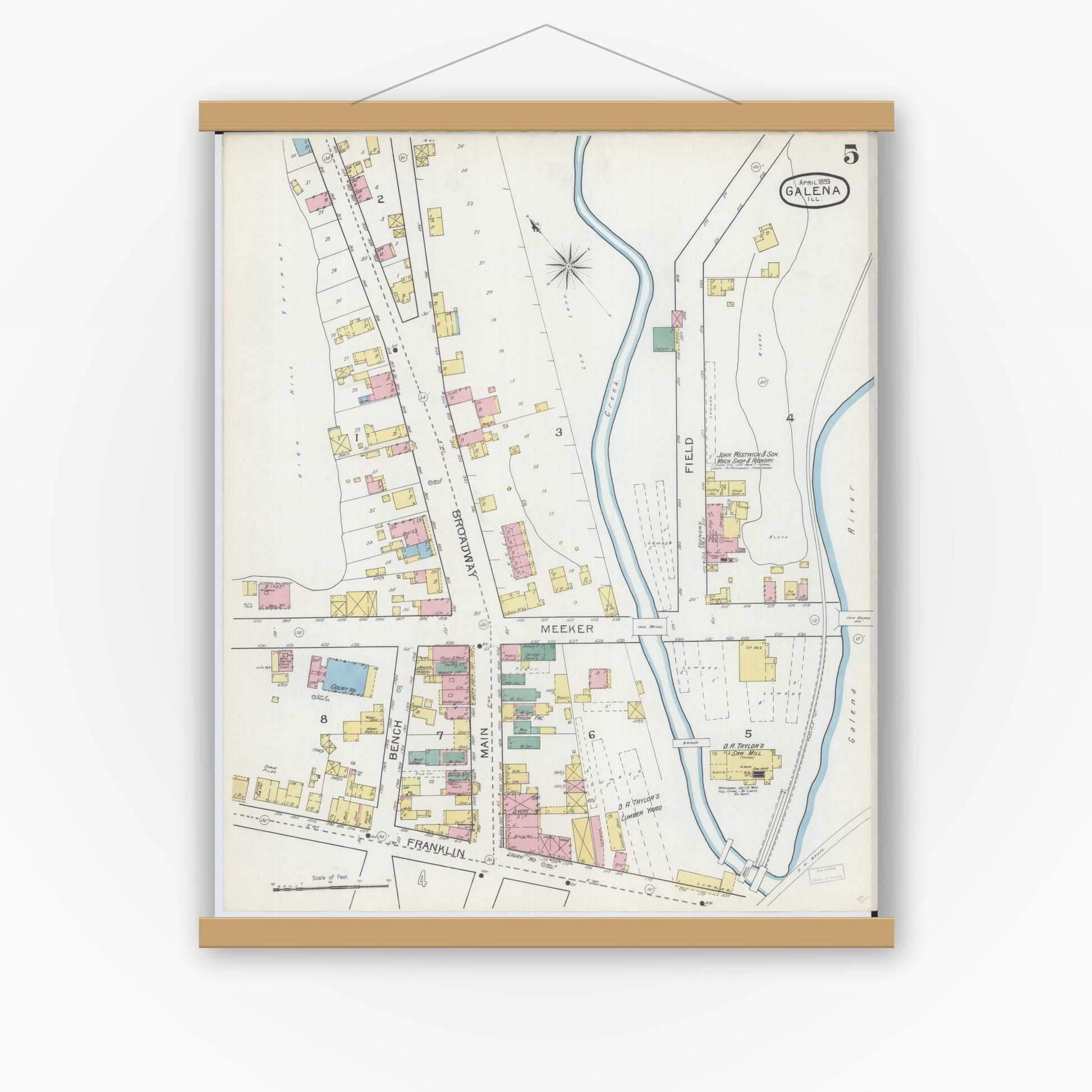 Old map wall art mockup — magnetic wood frame on white wall — Sanborn Fire Insurance Map from Galena, Jo Daviess County, Illinois (1893), Sheet #0005
