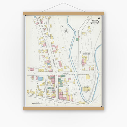 Old map wall art mockup — magnetic wood frame on white wall — Sanborn Fire Insurance Map from Galena, Jo Daviess County, Illinois (1893), Sheet #0005