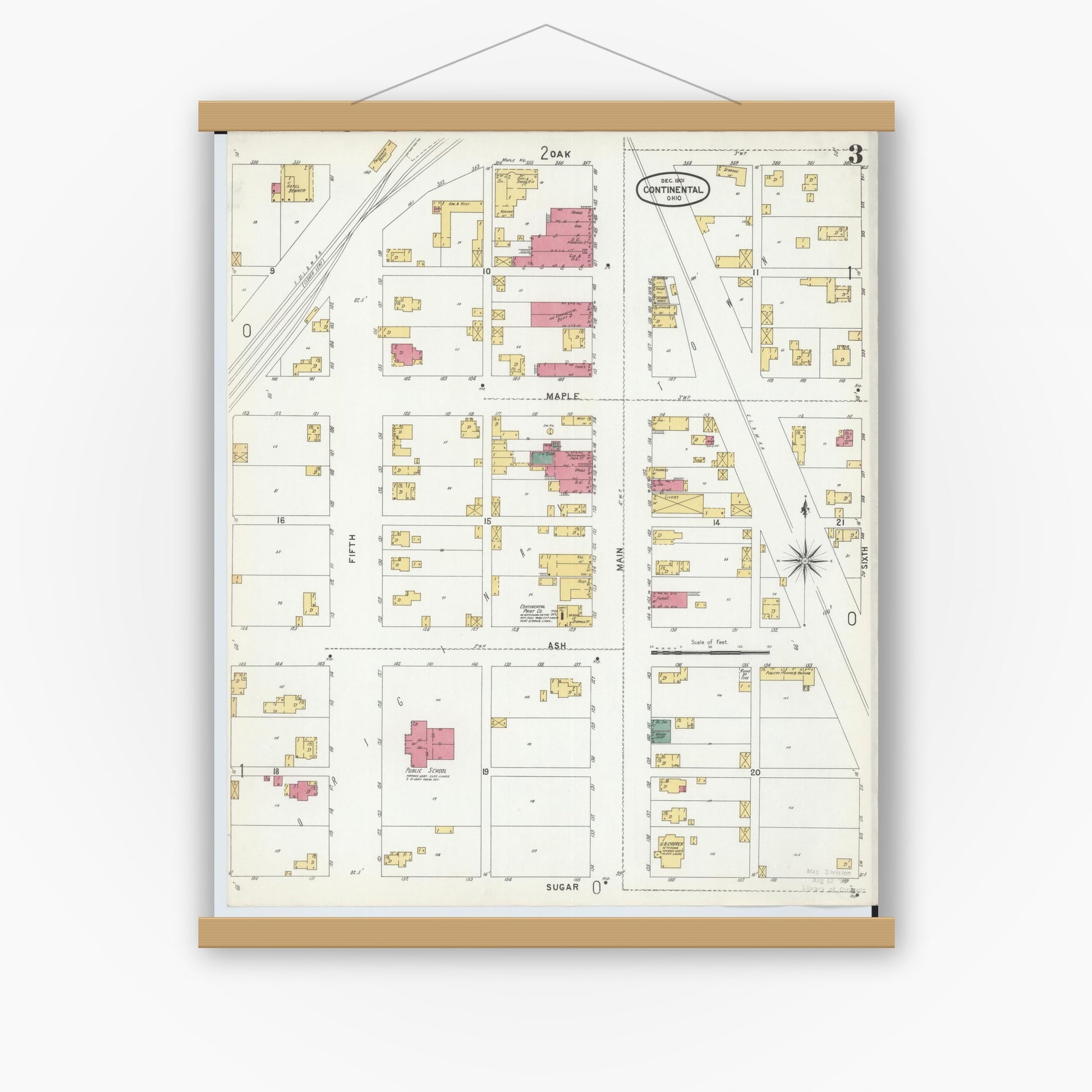 Old map wall art mockup — magnetic wood frame on white wall — Sanborn Fire Insurance Map from Continental, Putnam County, Ohio (1901), Sheet #0003