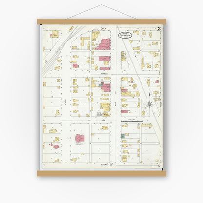 Old map wall art mockup — magnetic wood frame on white wall — Sanborn Fire Insurance Map from Continental, Putnam County, Ohio (1901), Sheet #0003