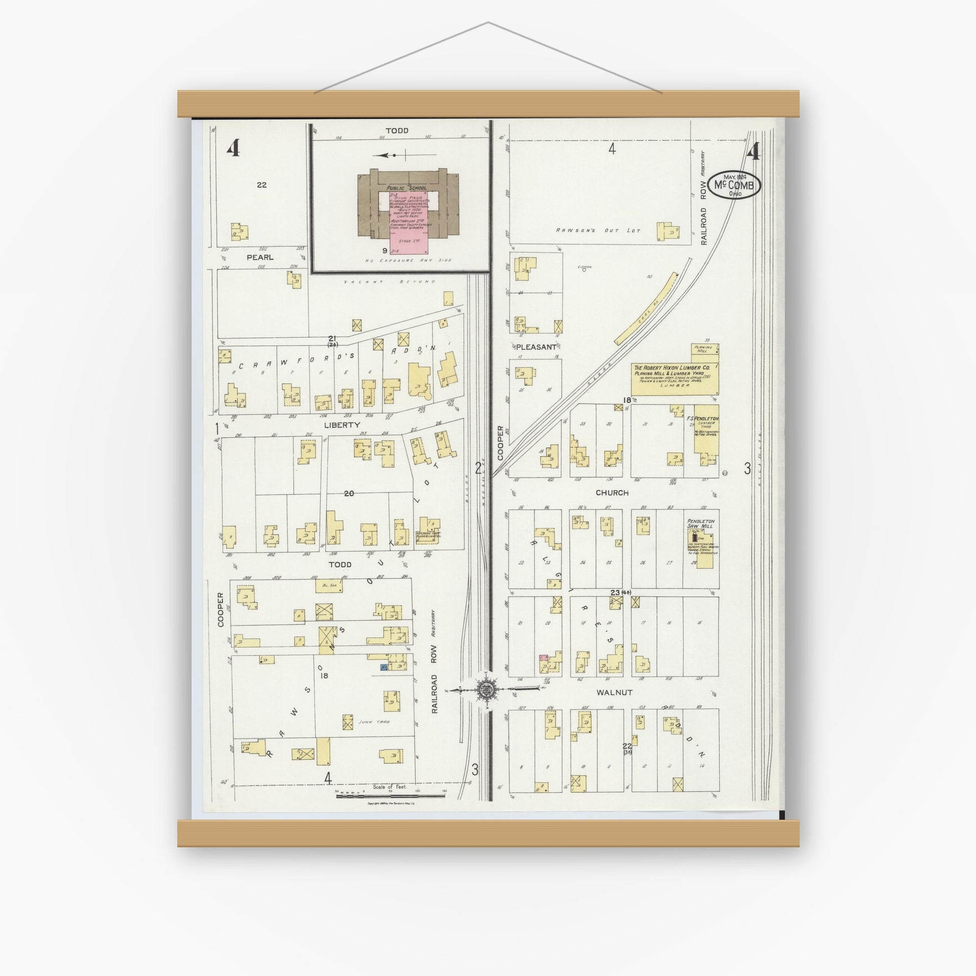 Old map wall art mockup — magnetic wood frame on white wall — Sanborn Fire Insurance Map from McComb, Hancock County, Ohio (1924), Sheet #0004