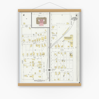 Old map wall art mockup — magnetic wood frame on white wall — Sanborn Fire Insurance Map from McComb, Hancock County, Ohio (1924), Sheet #0004