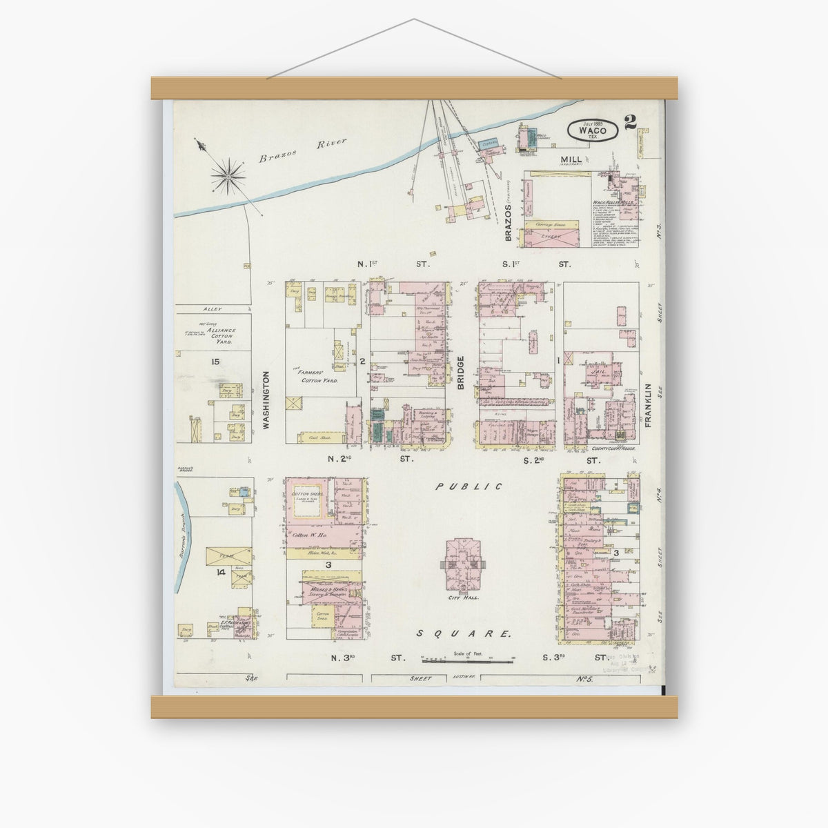 Old map wall art mockup — magnetic wood frame on white wall — Sanborn Fire Insurance Map from Waco, McLennan County, Texas (1889), Sheet #0002