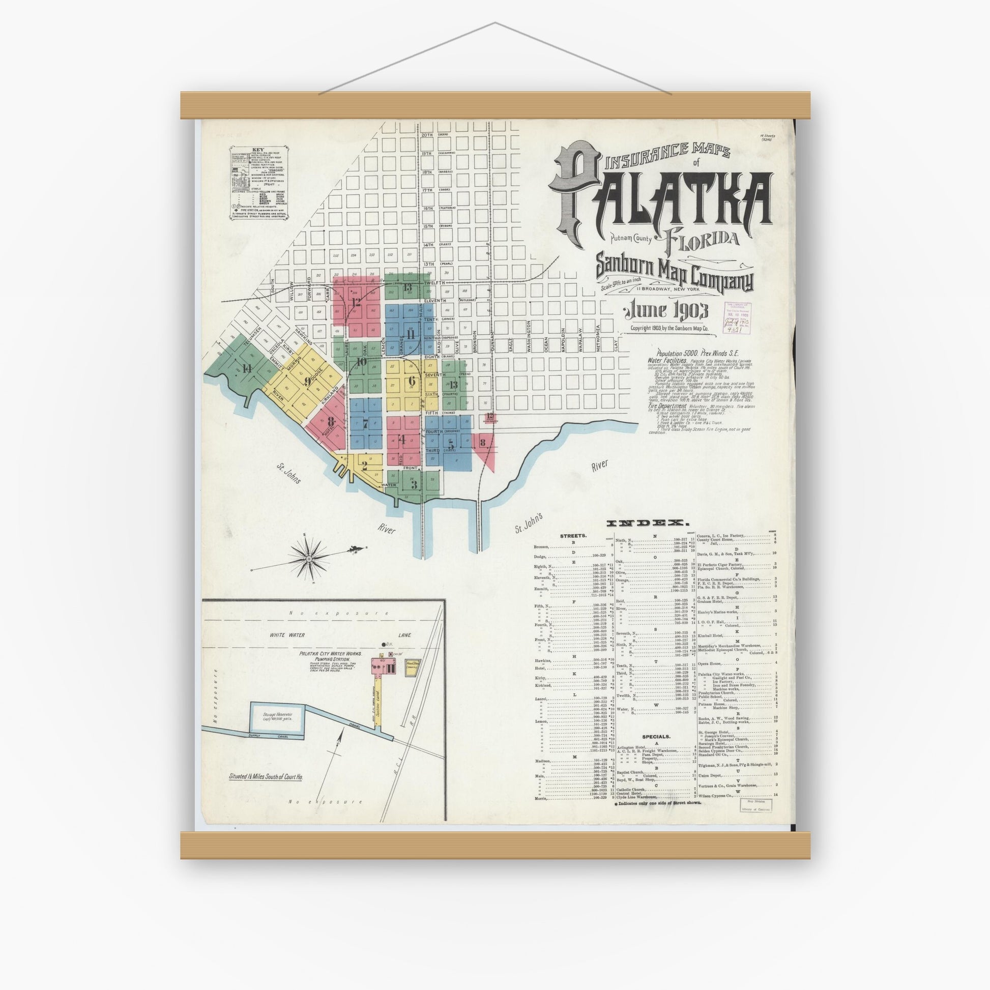 Old map wall art mockup — magnetic wood frame on white wall — Sanborn Fire Insurance Map from Palatka, Putnam County, Florida (1903) - Complete Map Set