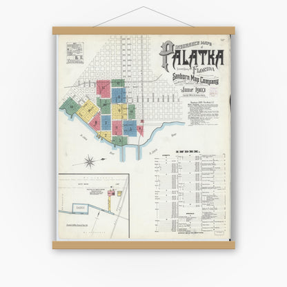 Old map wall art mockup — magnetic wood frame on white wall — Sanborn Fire Insurance Map from Palatka, Putnam County, Florida (1903) - Complete Map Set
