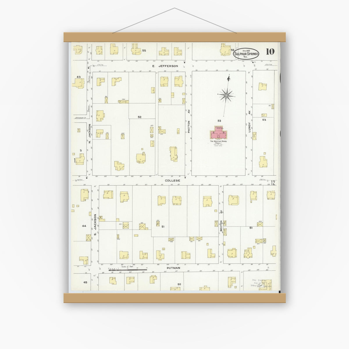 Old map wall art mockup — magnetic wood frame on white wall — Sanborn Fire Insurance Map from Sulphur Springs, Hopkins County, Texas (1909), Sheet #0010