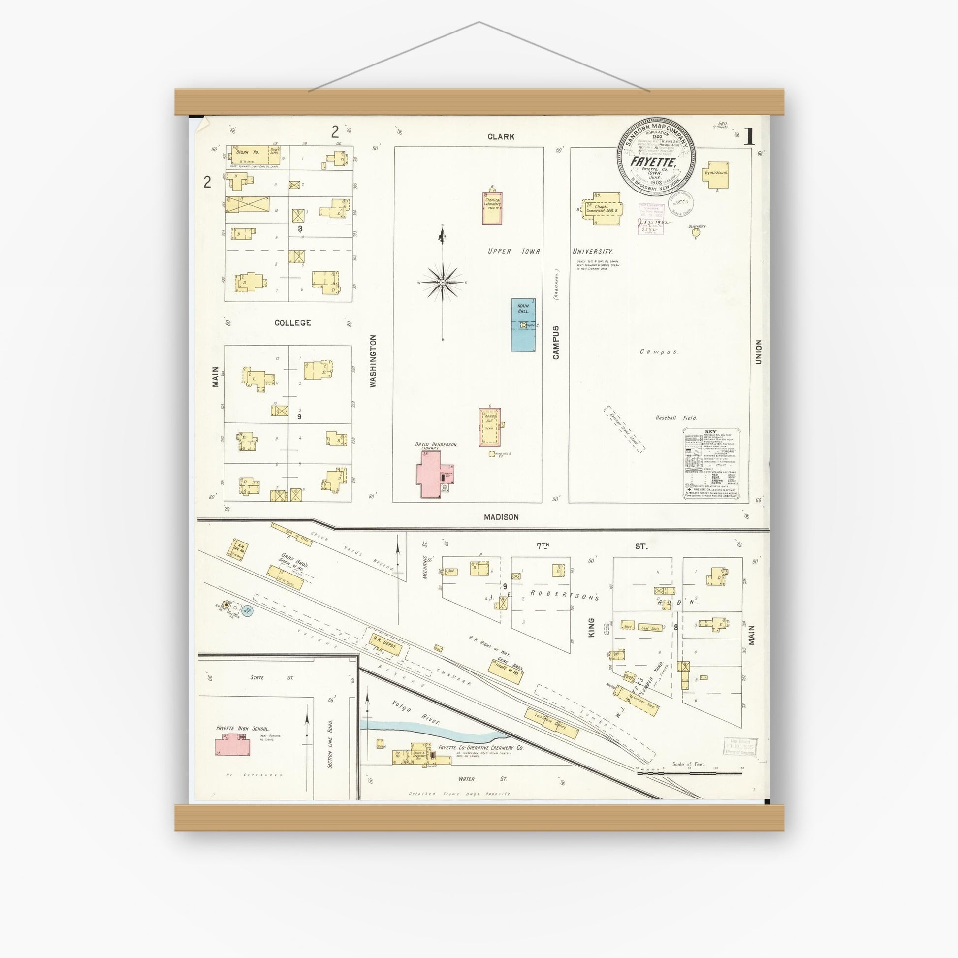 Old map wall art mockup — magnetic wood frame on white wall — Sanborn Fire Insurance Map from Fayette, Fayette County, Iowa (1902) â€” Complete Set