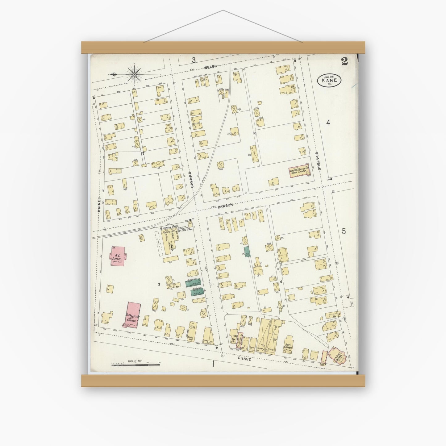 Old map wall art mockup — magnetic wood frame on white wall — Sanborn Fire Insurance Map from Kane, McKean County, Pennsylvania (1898), Sheet #0002