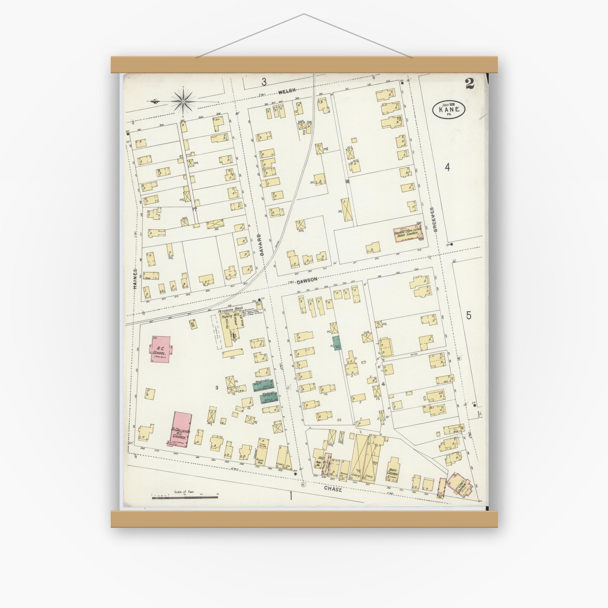 Old map wall art mockup — magnetic wood frame on white wall — Sanborn Fire Insurance Map from Kane, McKean County, Pennsylvania (1898), Sheet #0002