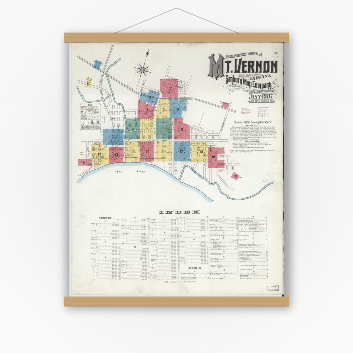 Old map wall art mockup — magnetic wood frame on white wall — Sanborn Fire Insurance Map from Mount Vernon, Posey County, Indiana (1907), Sheet #0001