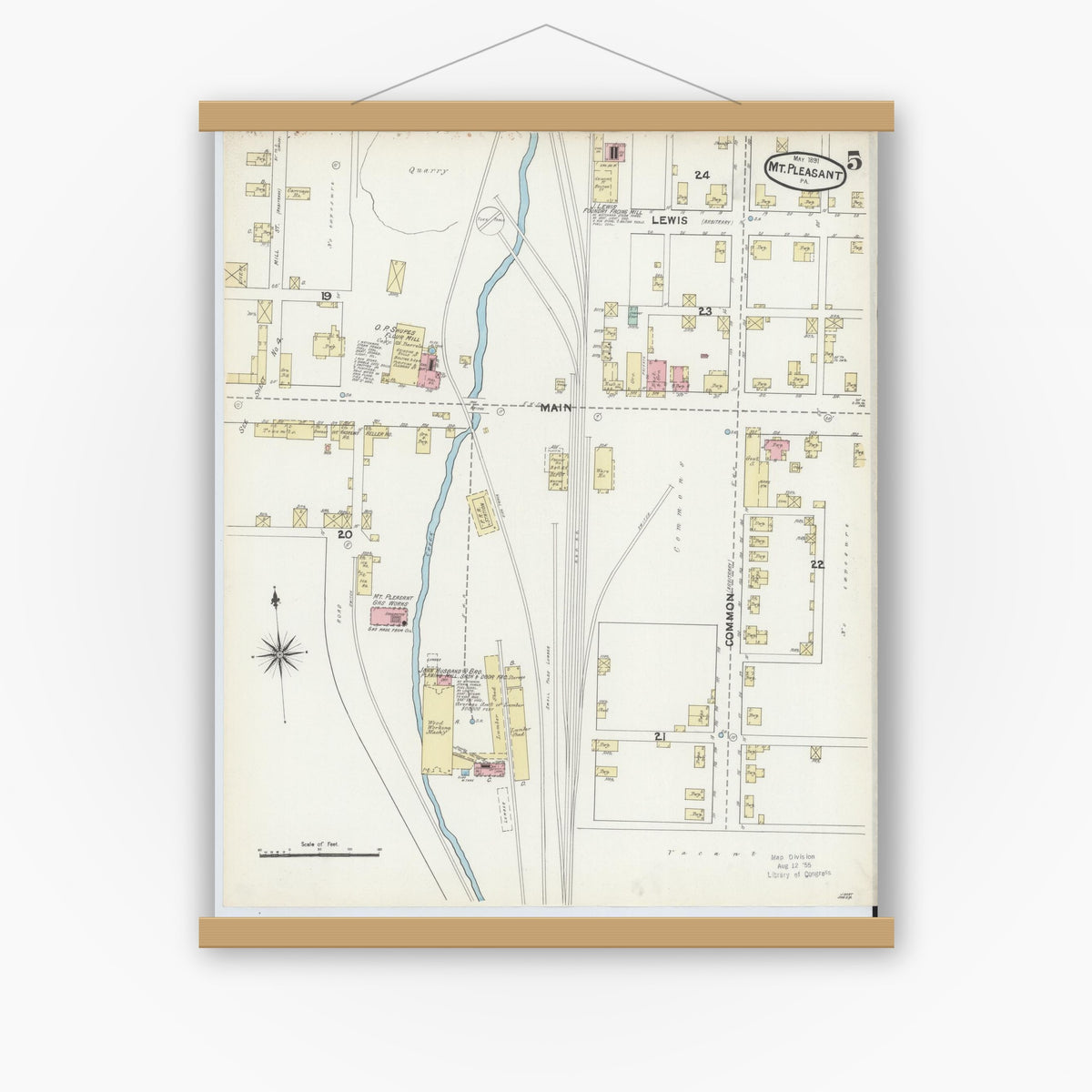 Old map wall art mockup — magnetic wood frame on white wall — Sanborn Fire Insurance Map from Mount Pleasant, Westmoreland County, Pennsylvania (1891), Sheet #0005