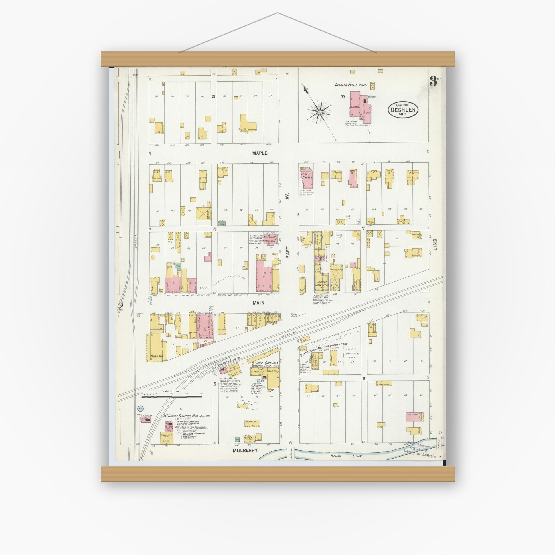 Old map wall art mockup — magnetic wood frame on white wall — Sanborn Fire Insurance Map from Deshler, Henry County, Ohio (1900), Sheet #0003